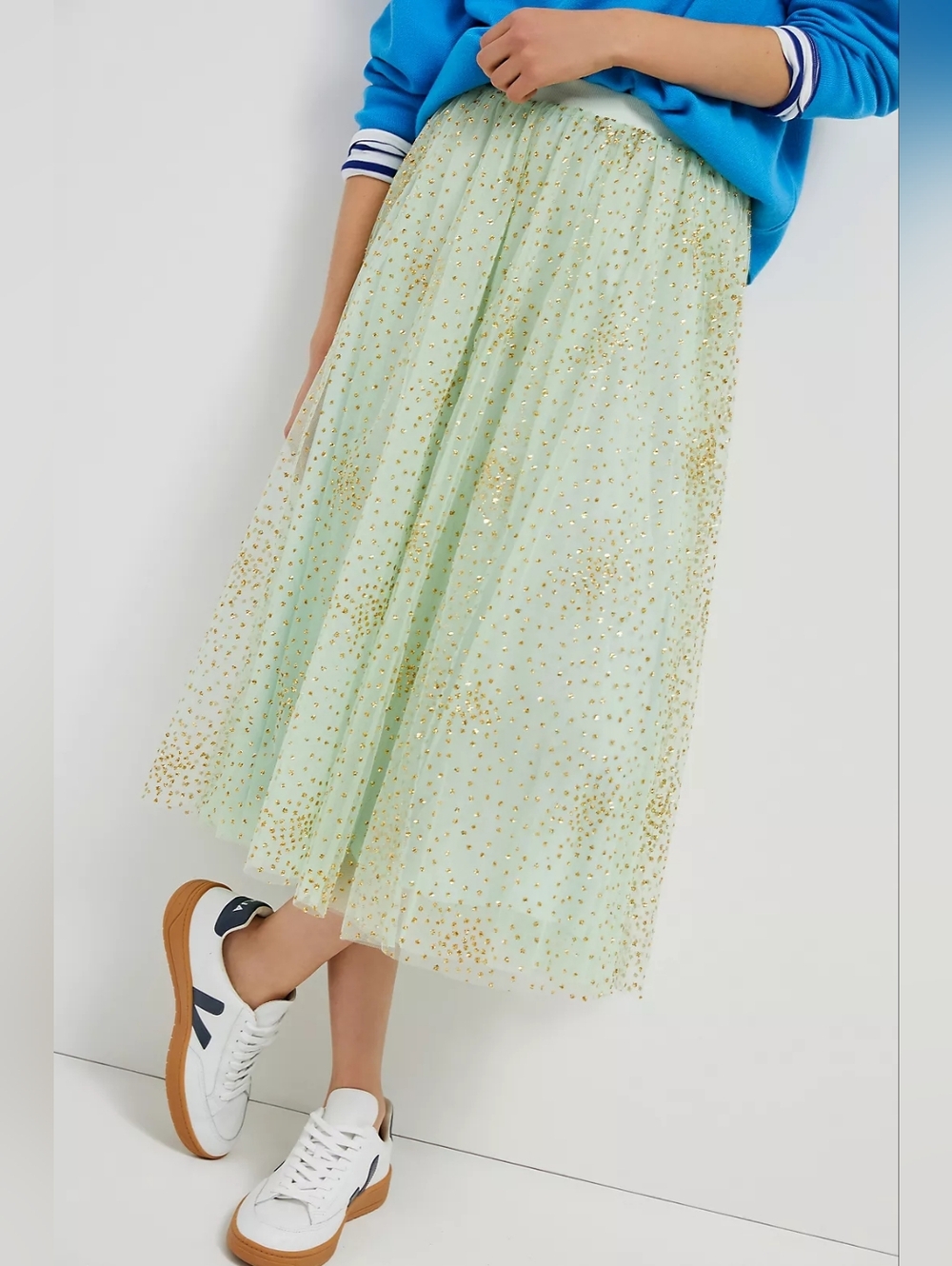 NWT Anthropologie Sydney Shimmer Tulle Midi in Green Glitter Gold Dot Skirt XS